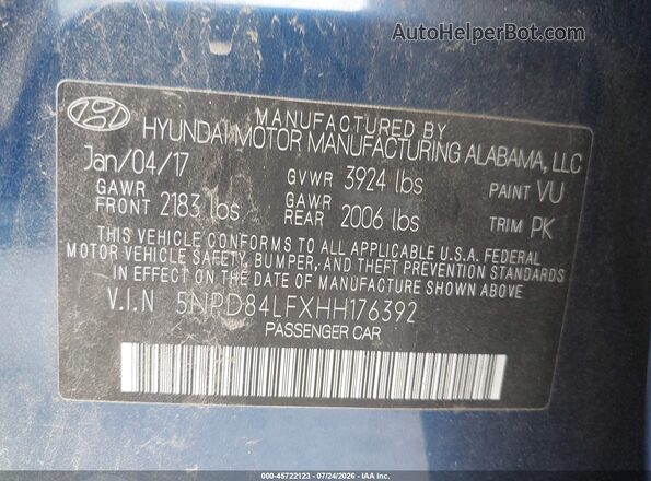 5NPD84LFXHH176392 2017 HYUNDAI ELANTRA Blue ძრავის განყოფილების ხედი