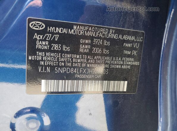 5NPD84LFXJH224303 2018 HYUNDAI ELANTRA Blue Вид підкапотного простору