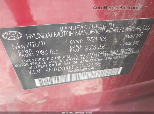 5NPD84LFXJH226195 2018 HYUNDAI ELANTRA Red Vista del compartimento del motor