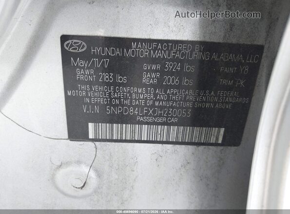 5NPD84LFXJH230053 2018 HYUNDAI ELANTRA Silver Vista del compartimento del motor