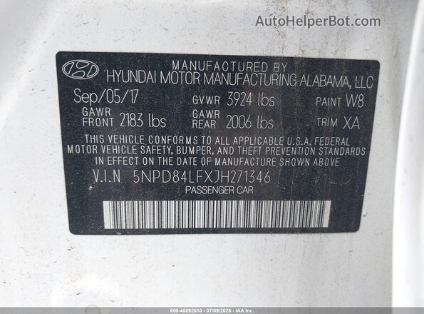 5NPD84LFXJH271346 2018 HYUNDAI ELANTRA White ძრავის განყოფილების ხედი