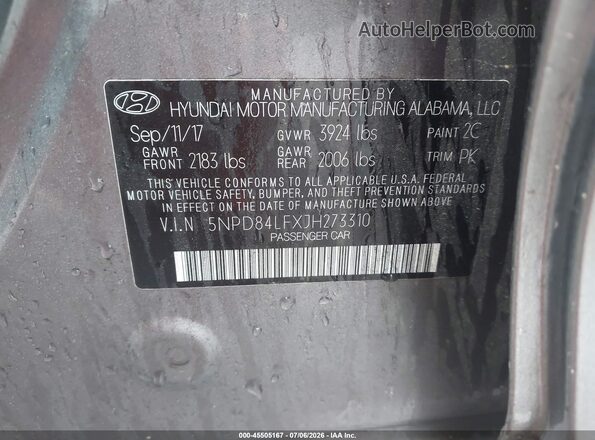 5NPD84LFXJH273310 2018 HYUNDAI ELANTRA Серый Вид подкапотного пространства