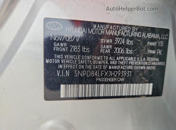 5NPD84LFXJH293931 2018 HYUNDAI ELANTRA Silver Вид наклейки з VIN-кодом