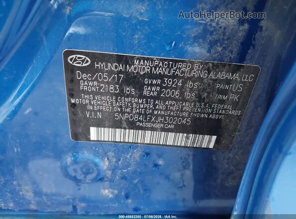 5NPD84LFXJH302045 2018 HYUNDAI ELANTRA Blue Вид підкапотного простору