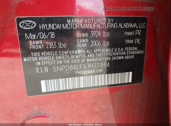 5NPD84LFXJH331884 2018 HYUNDAI ELANTRA Красный Вид подкапотного пространства