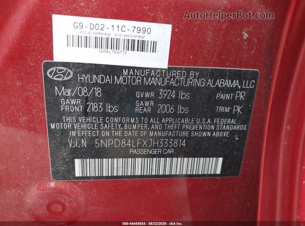 5NPD84LFXJH333814 2018 HYUNDAI ELANTRA Red Вид підкапотного простору
