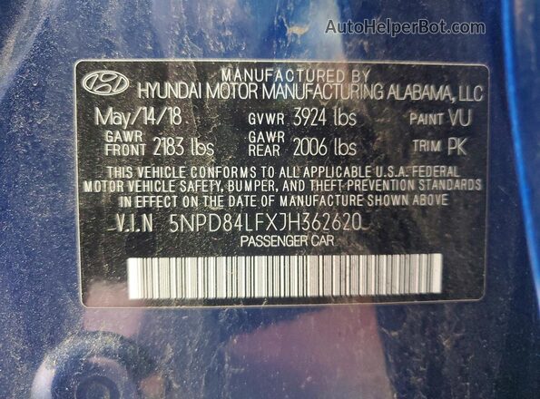 5NPD84LFXJH362620 2018 HYUNDAI ELANTRA Синий Вид наклейки с VIN-кодом