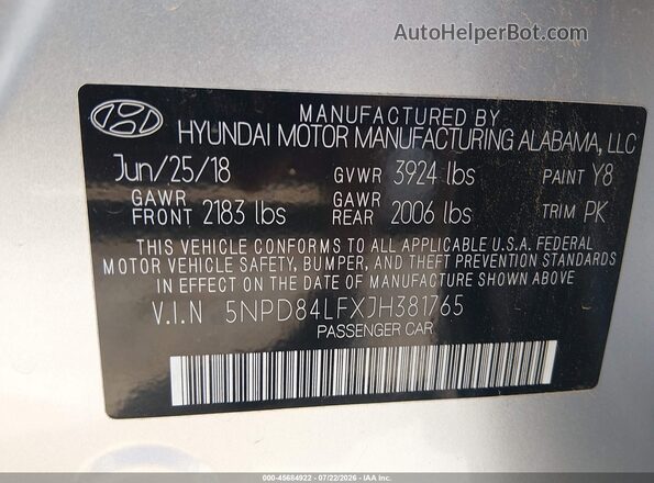 5NPD84LFXJH381765 2018 HYUNDAI ELANTRA Silver Вид підкапотного простору