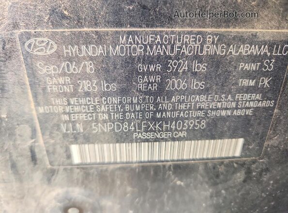 5NPD84LFXKH403958 2019 HYUNDAI ELANTRA Black ძრავის განყოფილების ხედი