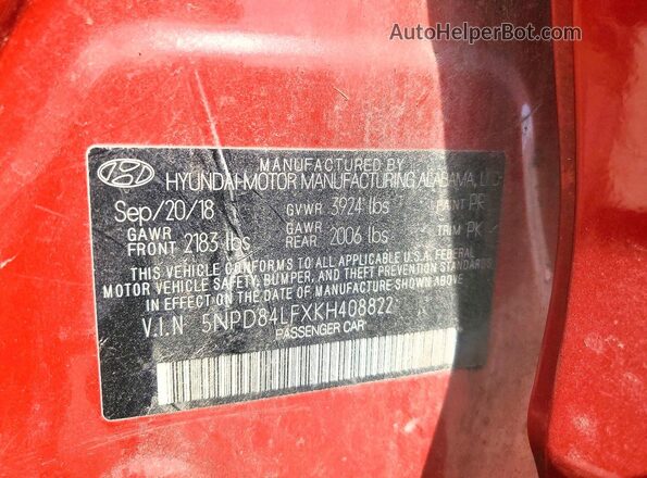 5NPD84LFXKH408822 2019 HYUNDAI ELANTRA Red Widok naklejki z numerem VIN