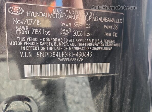 5NPD84LFXKH430643 2019 HYUNDAI ELANTRA Black ძრავის განყოფილების ხედი