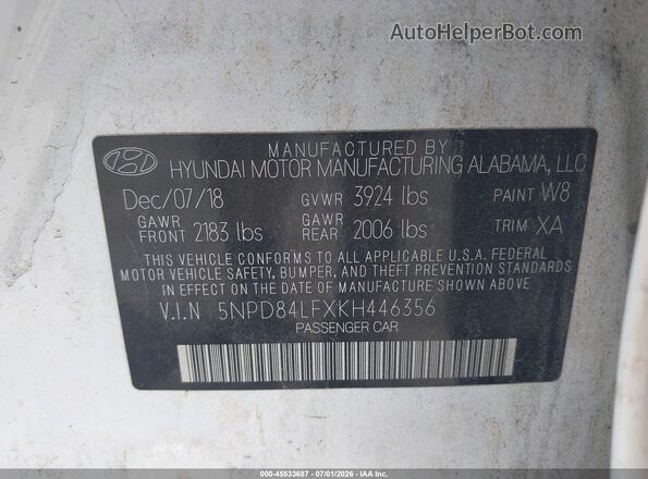 5NPD84LFXKH446356 2019 HYUNDAI ELANTRA Белый Вид подкапотного пространства