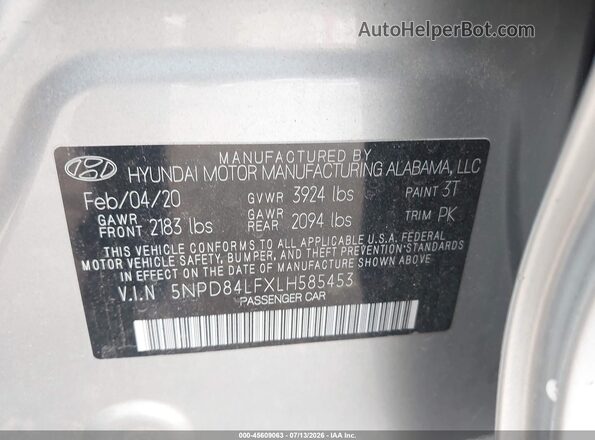 5NPD84LFXLH585453 2020 HYUNDAI ELANTRA Silver Vista del compartimento del motor