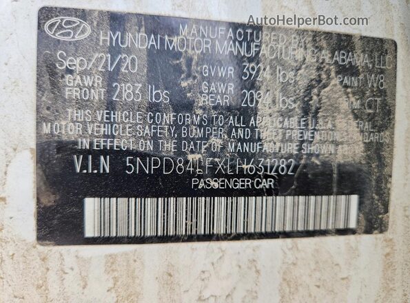 5NPD84LFXLH631282 2020 HYUNDAI ELANTRA White Widok naklejki z numerem VIN