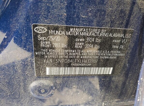 5NPD84LFXLH632707 2020 HYUNDAI ELANTRA Blue Вид наклейки з VIN-кодом