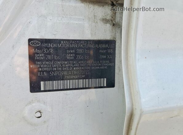 5NPD94LA1JH370722 2018 HYUNDAI ELANTRA White ძრავის განყოფილების ხედი