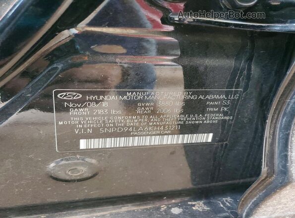 5NPD94LA6KH431211 2019 HYUNDAI ELANTRA Black ძრავის განყოფილების ხედი