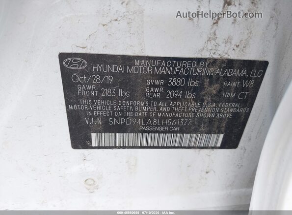 5NPD94LA8LH561377 2020 HYUNDAI ELANTRA White Вид підкапотного простору