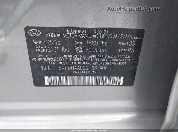 5NPDH4AE0GH661908 2016 HYUNDAI ELANTRA Silver Widok komory silnika