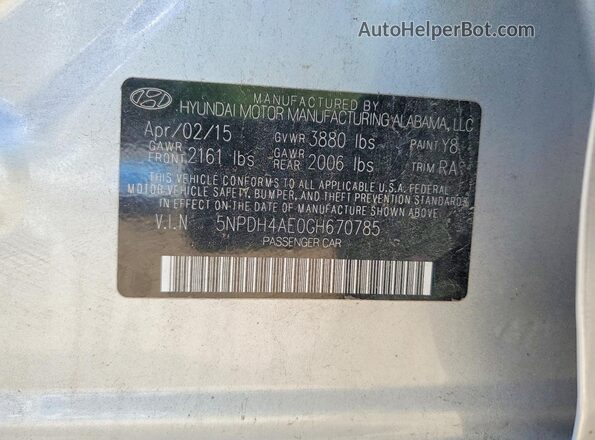 5NPDH4AE0GH670785 2016 HYUNDAI ELANTRA Silver ძრავის განყოფილების ხედი
