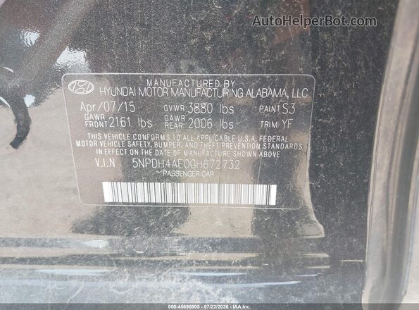 5NPDH4AE0GH672732 2016 HYUNDAI ELANTRA Black Vista del compartimento del motor