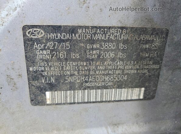 5NPDH4AE0GH685304 2016 HYUNDAI ELANTRA Silver Вид підкапотного простору