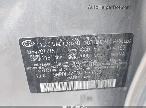 5NPDH4AE0GH688333 2016 HYUNDAI ELANTRA Gray Вид підкапотного простору