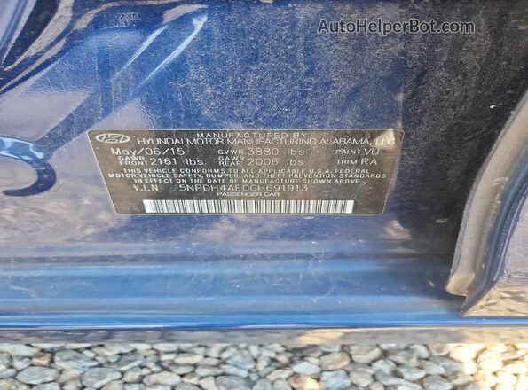 5NPDH4AE0GH691913 2016 HYUNDAI ELANTRA Blue Вид наклейки з VIN-кодом
