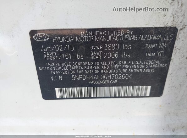 5NPDH4AE0GH702604 2016 HYUNDAI ELANTRA White Շարժիչի բաժամունքի տեսք