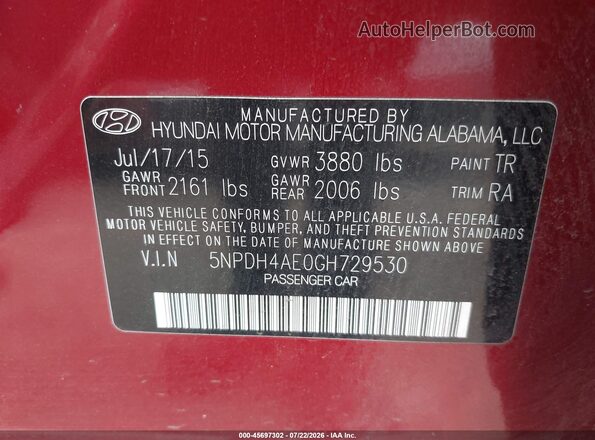 5NPDH4AE0GH729530 2016 HYUNDAI ELANTRA Red Vista del compartimento del motor