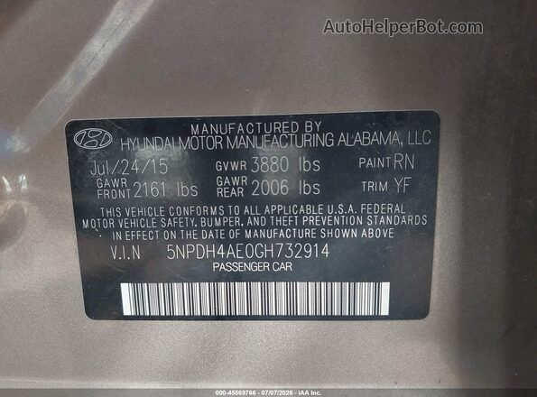 5NPDH4AE0GH732914 2016 HYUNDAI ELANTRA Gray Вид підкапотного простору