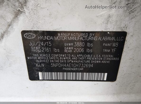 5NPDH4AE1G8732694 2016 HYUNDAI ELANTRA White Widok komory silnika
