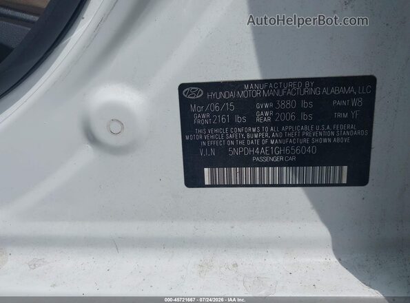 5NPDH4AE1GH656040 2016 HYUNDAI ELANTRA Белый Вид подкапотного пространства