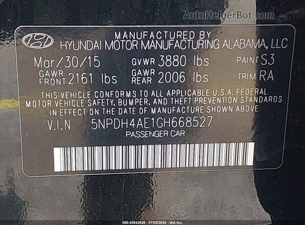 5NPDH4AE1GH668527 2016 HYUNDAI ELANTRA Black Widok komory silnika