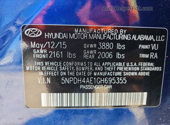 5NPDH4AE1GH695355 2016 HYUNDAI ELANTRA Синий Вид подкапотного пространства