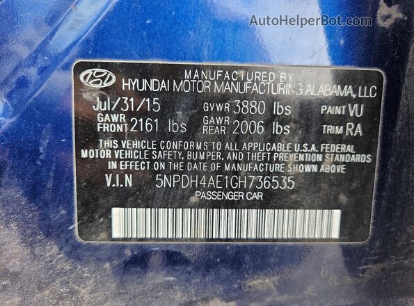 5NPDH4AE1GH736535 2016 HYUNDAI ELANTRA Blue Widok komory silnika