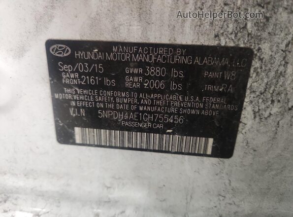 5NPDH4AE1GH755456 2016 HYUNDAI ELANTRA White Vista de la etiqueta del VIN