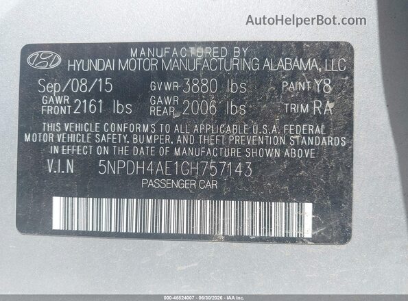 5NPDH4AE1GH757143 2016 HYUNDAI ELANTRA Silver Vista del compartimento del motor