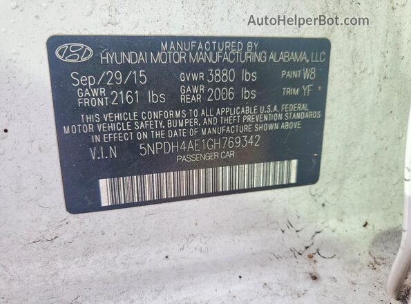5NPDH4AE1GH769342 2016 HYUNDAI ELANTRA Белый Вид наклейки с VIN-кодом