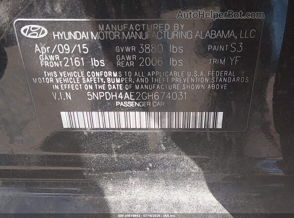 5NPDH4AE2GH674031 2016 HYUNDAI ELANTRA Black Շարժիչի բաժամունքի տեսք