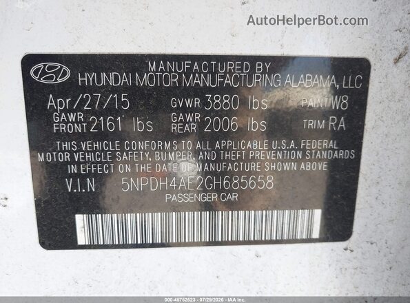5NPDH4AE2GH685658 2016 HYUNDAI ELANTRA White ძრავის განყოფილების ხედი