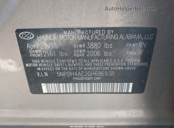 5NPDH4AE2GH686938 2016 HYUNDAI ELANTRA Gray Engine compartment view