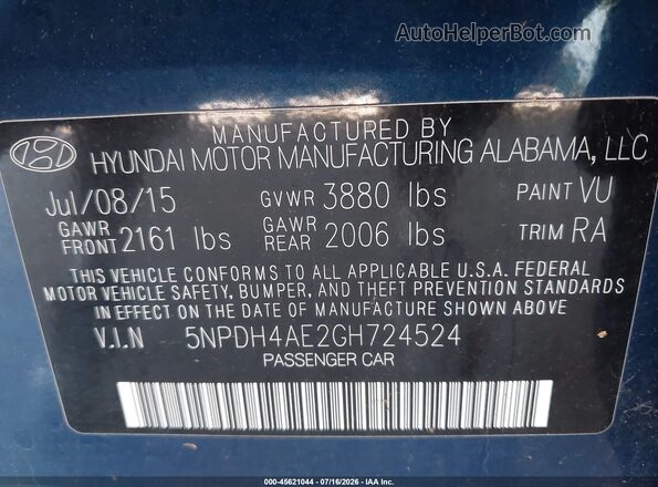 5NPDH4AE2GH724524 2016 HYUNDAI ELANTRA Blue Vista del compartimento del motor