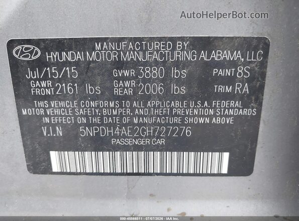 5NPDH4AE2GH727276 2016 HYUNDAI ELANTRA Gray ძრავის განყოფილების ხედი