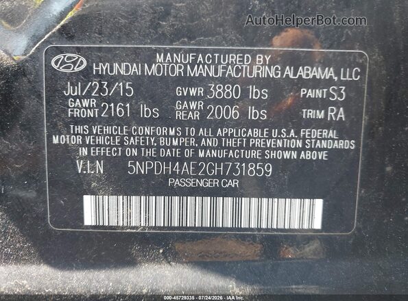 5NPDH4AE2GH731859 2016 HYUNDAI ELANTRA Black Vista del compartimento del motor
