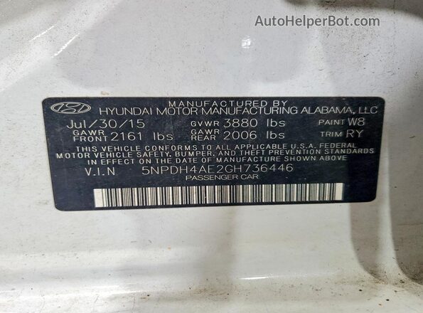 5NPDH4AE2GH736446 2016 HYUNDAI ELANTRA White Շարժիչի բաժամունքի տեսք