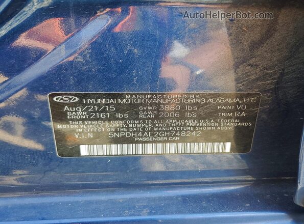 5NPDH4AE2GH748242 2016 HYUNDAI ELANTRA Blue Widok komory silnika
