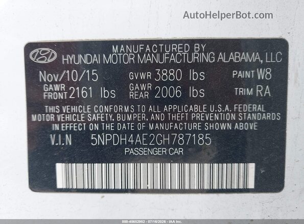 5NPDH4AE2GH787185 2016 HYUNDAI ELANTRA White Vista del compartimento del motor