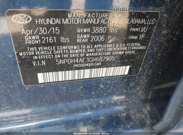 5NPDH4AE3GH687905 2016 HYUNDAI ELANTRA Синий Вид подкапотного пространства