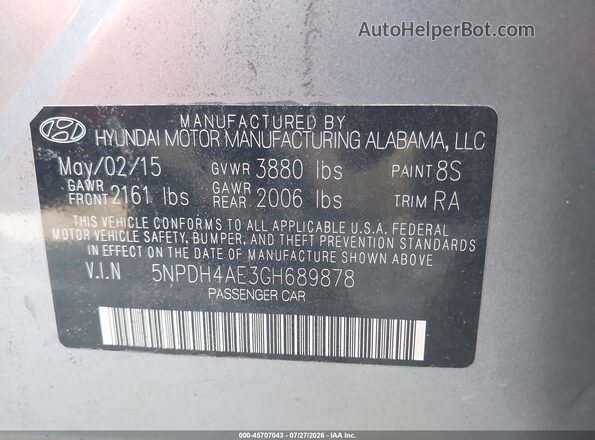 5NPDH4AE3GH689878 2016 HYUNDAI ELANTRA Silver Շարժիչի բաժամունքի տեսք